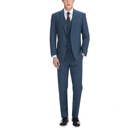 Men's Blue 3-Piece Classic Fit Single Breasted Windowpane Renoir Suit