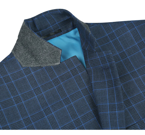 Men's Blue 2 Piece Classic Fit Windowpane Check Dress Renoir Suit