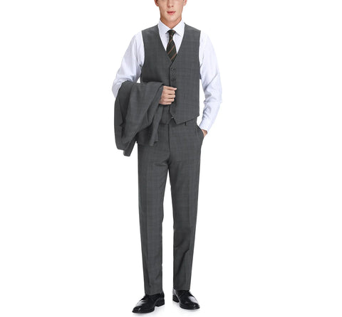 Men's Gray 3-Piece Classic Fit Single Breasted Windowpane Renoir Suit